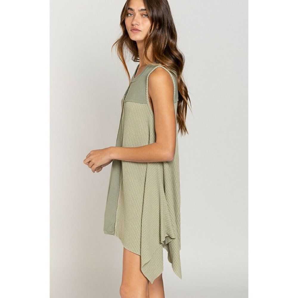 SALE! POL Clothing USA Sage Sleeveless Dress Raw Edge Waffle Knit Summer Spring - Picture 3 of 6